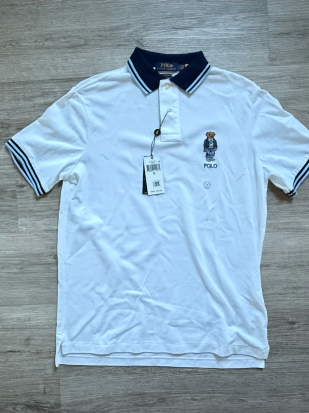 Polo by Ralph Lauren White Polo with Navy Trim and Bear Embroidery